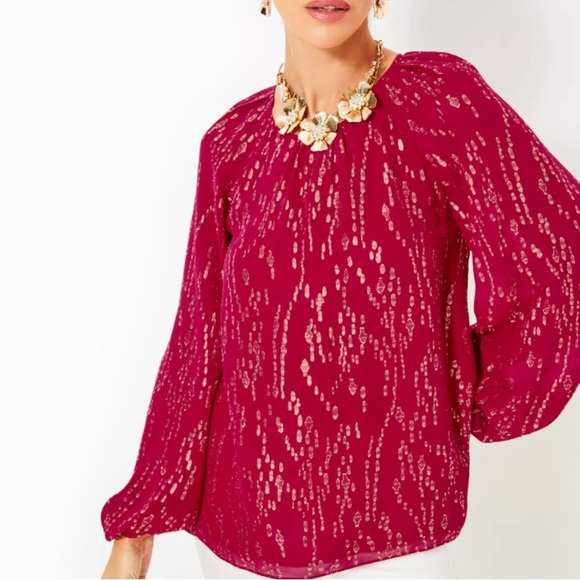 NWT Lilly Pulitzer Noraleen Silk Top Long Sleeved Metallic Red Women’s XS - Picture 1 of 12